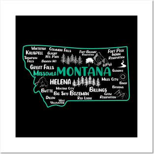 Cute map of Missoula Montana, Helena, Great Falls, Butte, Bozemian, Billings, Kalispell, Big Sky Posters and Art